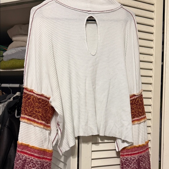 Free People White Long Sleeve Top with Multicolor Patterned Sleeves - Picture 5 of 6